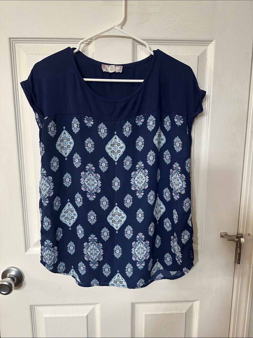Pink Rose Navy Short Sleeve Mixed-Print Top